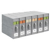 ZenStorage front view showing six grey linen organizers and tidy closet benefit