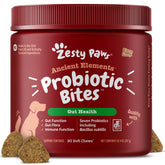 Zesty Paws front packaging showing Ancient Elements Probiotics bison chews and benefits