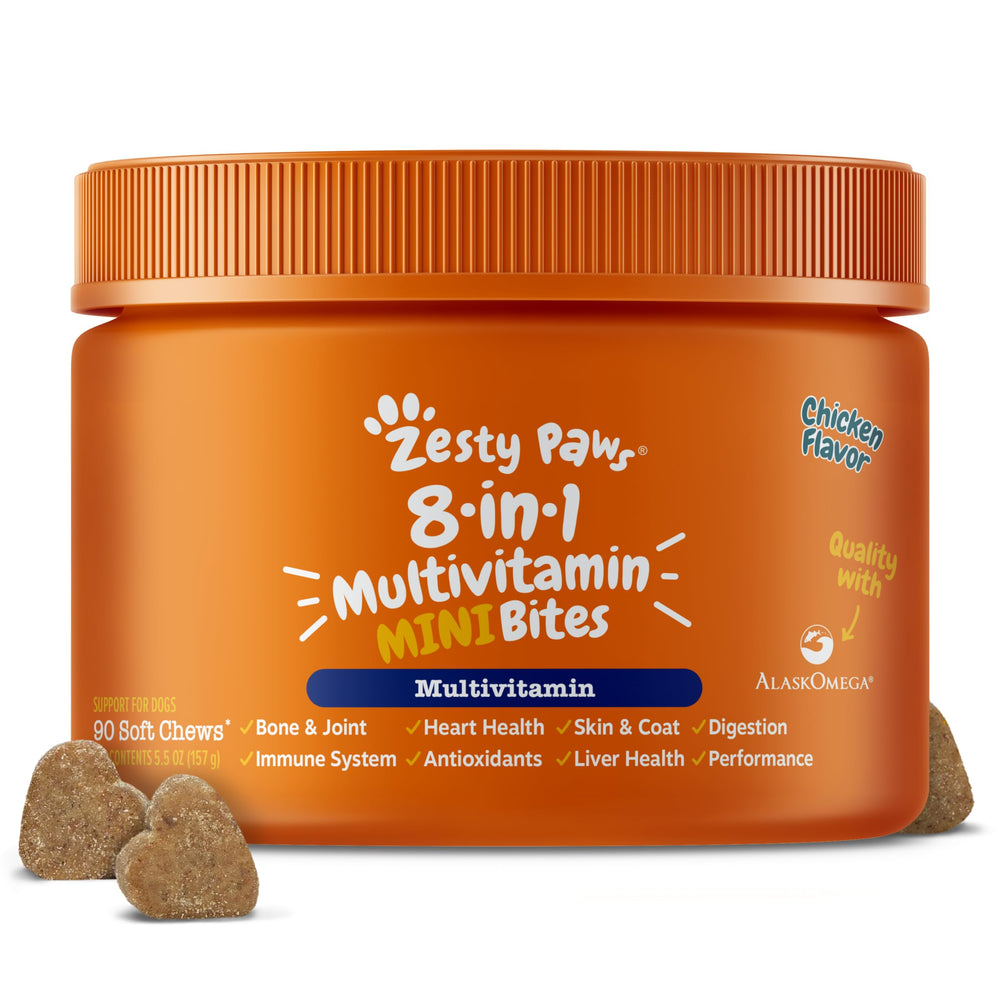 Zesty Paws front label showing product name and chicken flavor for convenient daily support