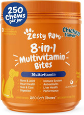 Zesty Paws front packaging showing 250-count bottle and benefits