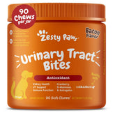 Zesty Paws front packaging showing cranberry bacon chews and chew benefits
