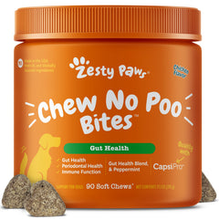 Zesty Paws front packaging showing No Poo Bites and 90-count benefit