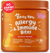 Zesty Paws front packaging of salmon-flavored 90ct chews showing product benefits