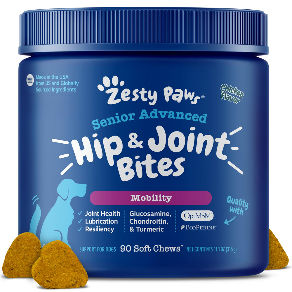 Zesty Paws front packaging showing senior joint supplement benefits