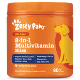 Zesty Paws front packaging showing 90-count tub and chicken flavor benefit