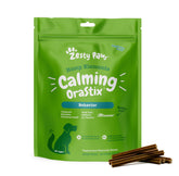 Zesty Paws front packaging of Peppermint Calming OraStix showcasing product benefits