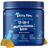 Zesty Paws front packaging showing senior multivitamin benefits