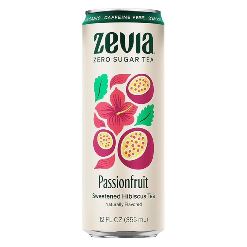Zevia front packaging showing hibiscus passionfruit cans and lively branding, great for quick selection