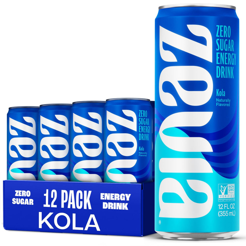 Zevia Kola Energy front packaging showing 12-pack and refreshing cola look