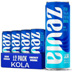 Zevia Kola Energy front packaging showing 12-pack and refreshing cola look