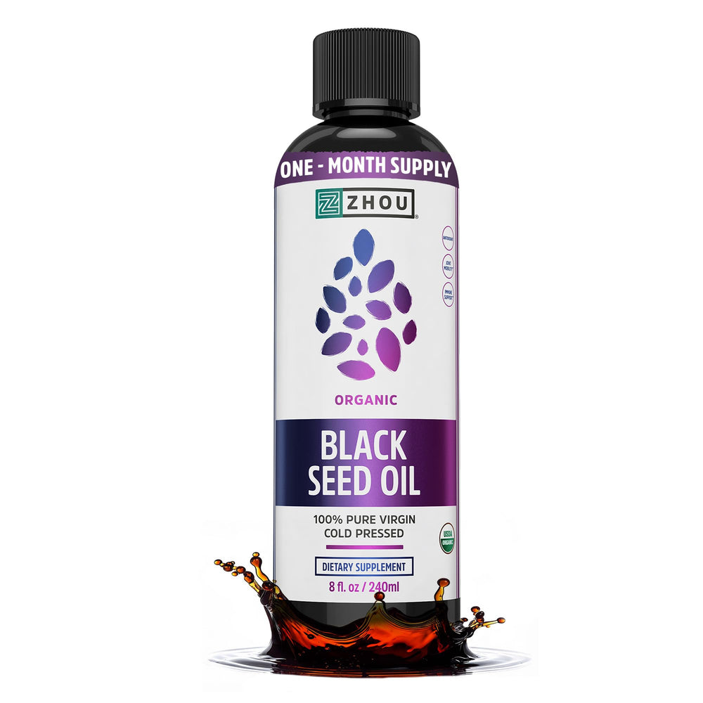 ZHOU bottle front view showing organic black seed oil and benefits