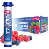 Zipfizz front packaging showing blue raspberry tubes and benefits