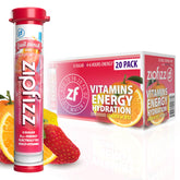 Zipfizz box front showing fruit punch flavor and 20-pack convenience
