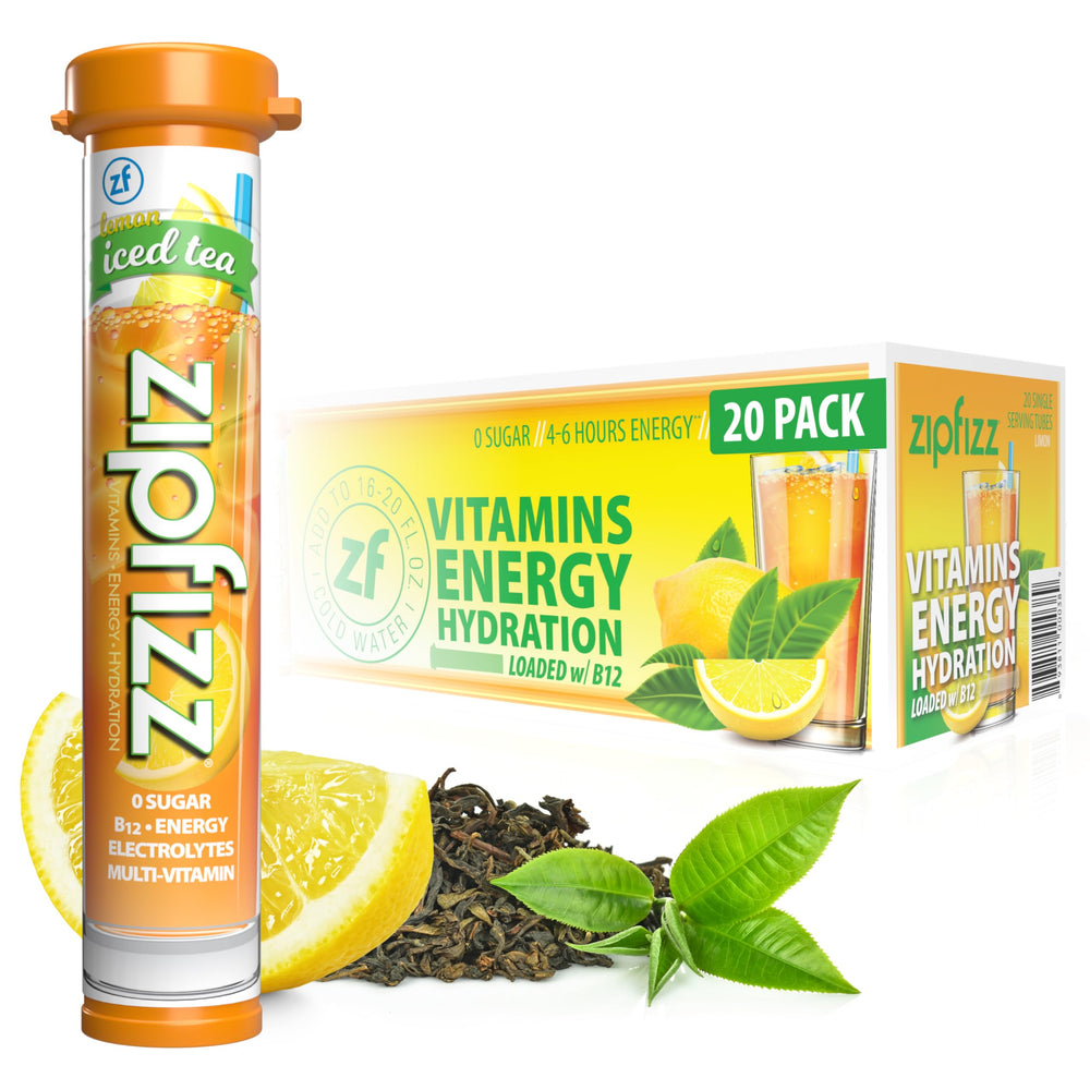 Zipfizz front view showing lemon iced tea 20-pack and packets, brand hydration convenience