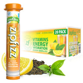 Zipfizz front view showing lemon iced tea 20-pack and packets, brand hydration convenience