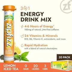 Clear bottle with mixed Zipfizz Lemon Iced Tea, brand hydration and crisp appearance