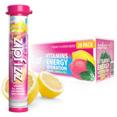 Zipfizz pink lemonade packet front showing branding and portability benefit