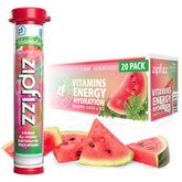 Zipfizz watermelon front packaging showing 20-pack and vibrant design for quick fuel