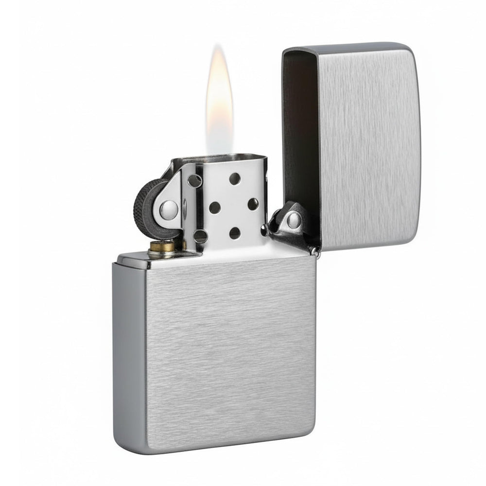 Zippo brushed chrome front view showing sleek pocket-ready design and durable finish