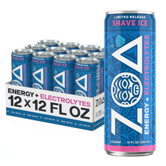 ZOA front can showing Blue Raspberry Shave Ice branding and energetic refreshment