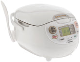 Zojirushi white cooker front panel showing LCD and control buttons for easy programming