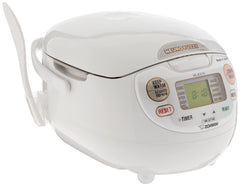 Zojirushi white cooker front panel showing LCD and control buttons for easy programming