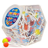 Zollipops front of bag showing assorted fruit pops and resealable pouch benefit