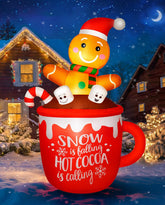 zukakii front view of 6ft gingerbread man in hot cocoa mug showing festive design and curb appeal