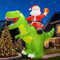 zukakii front view of Santa-on-dinosaur inflatable glowing, high curb appeal