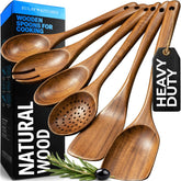 Zulay Kitchen front packaging showing six-piece teak utensil set, ready to use