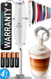 Zulay Kitchen frother front view showing ergonomic handle and Blizzard White finish for easy use