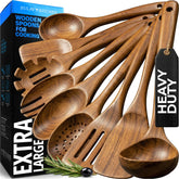 Zulay Kitchen front view of complete nine-piece teak utensil set shows full contents and gift-ready look