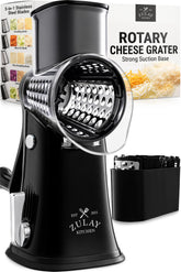 Zulay Kitchen front view showing compact black and chrome grater and handle benefit fast prep