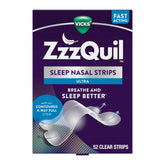 ZzzQuil front packaging showing clear nasal strips and count benefit