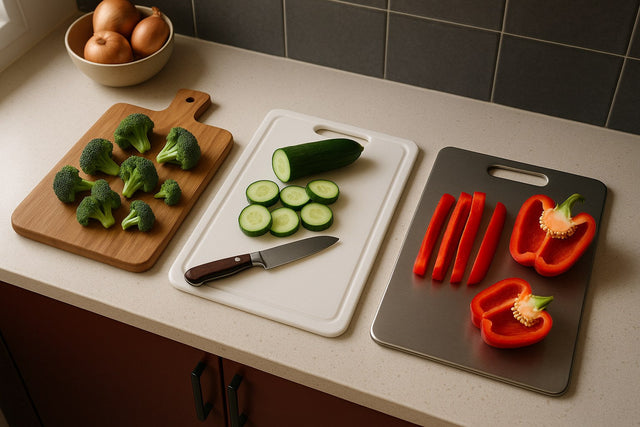 Wood, plastic and metal cutting boards side by side on a kitchen counter