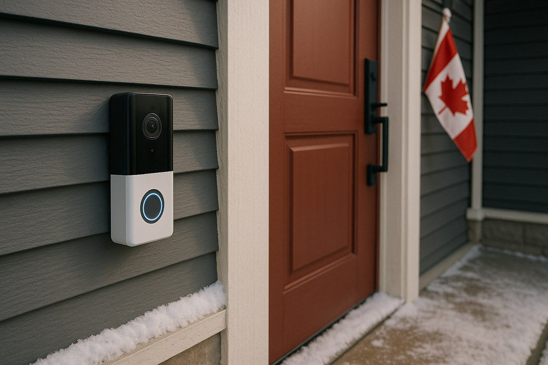 Battery video doorbell beside a red front door with snow on the porch