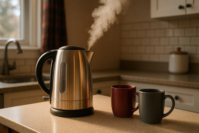 Electric kettle steaming on a kitchen counter next to two mugs