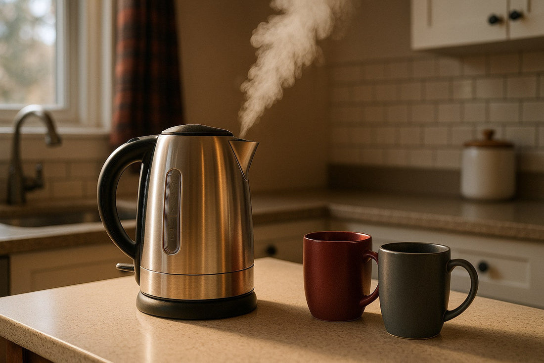 Electric kettle steaming on a kitchen counter next to two mugs