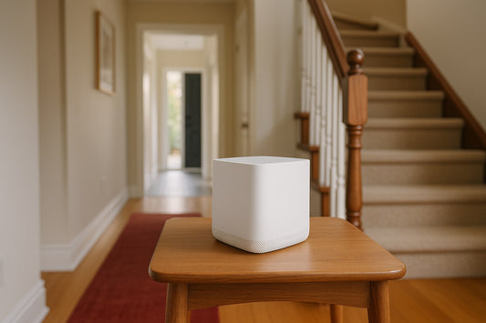 Mesh wifi router on a wooden side table in a bright two-storey hallway
