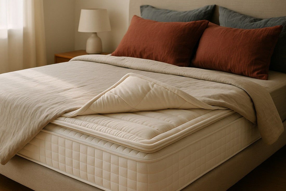 Bed with a thick mattress topper corner folded open showing the foam layer