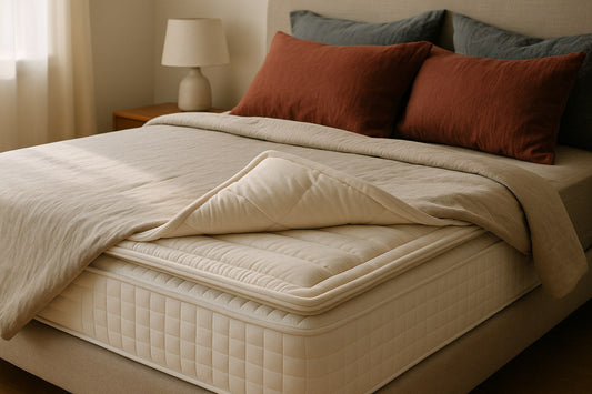 Bed with a thick mattress topper corner folded open showing the foam layer