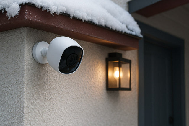 Outdoor security camera under a snowy roof edge with frost on the wall