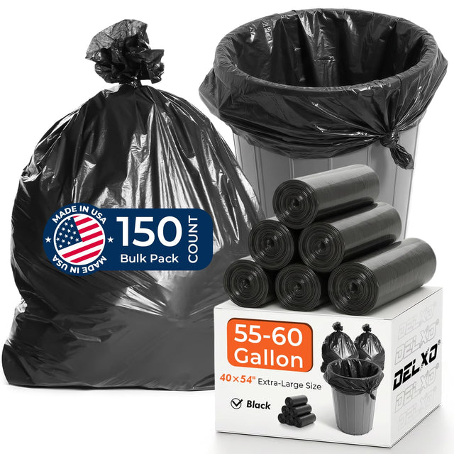 Delxo 55–60 Gallon Trash Bags 150 Count — 40×54" Large Black, 0.7 mil Star-Seal  — Industrial Supplies at Kelorix