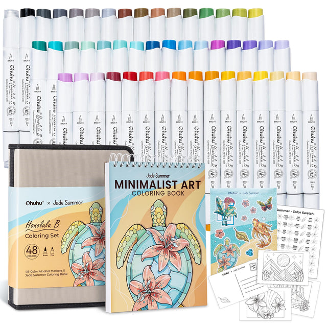 Ohuhu 47-Color Alcohol Marker Set & Jade Summer Coloring Book — Dual-Tip Markers — Arts & Crafts at Kelorix