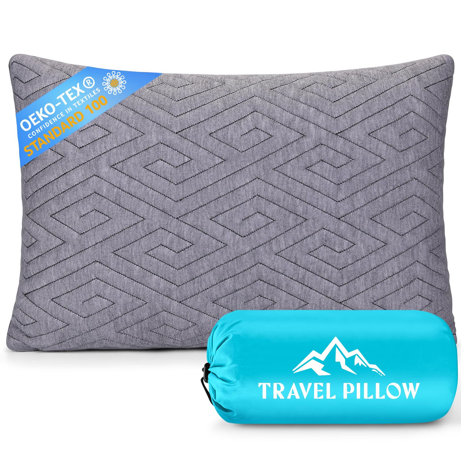 1 MIDDLE ONE front view showing compact pillow and travel bag, comfortable support