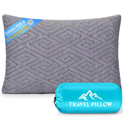 1 MIDDLE ONE front view showing compact pillow and travel bag, comfortable support