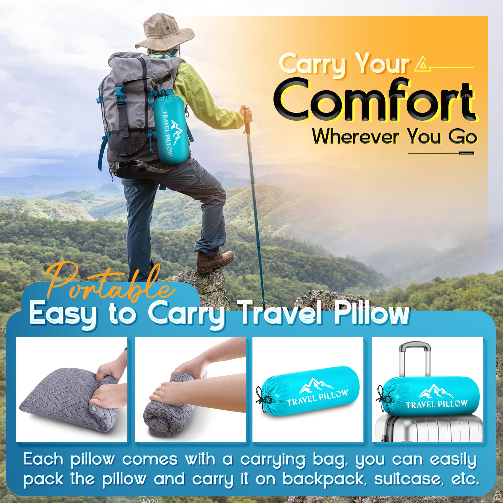 1 MIDDLE ONE pillow in backpack to show compact size and portability
