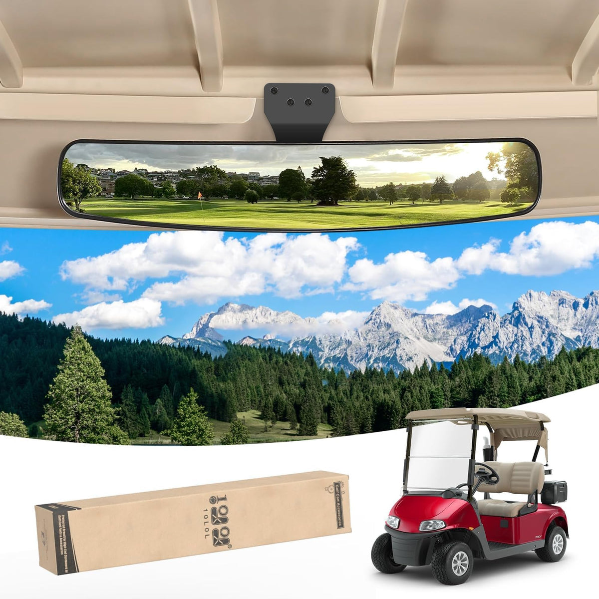 10L0L front view mirror installed on cart showing wider rear visibility benefits