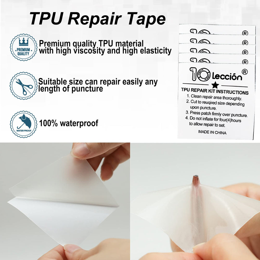 10Leccion pressing patch onto inflatable illustrating easy peel-and-stick use