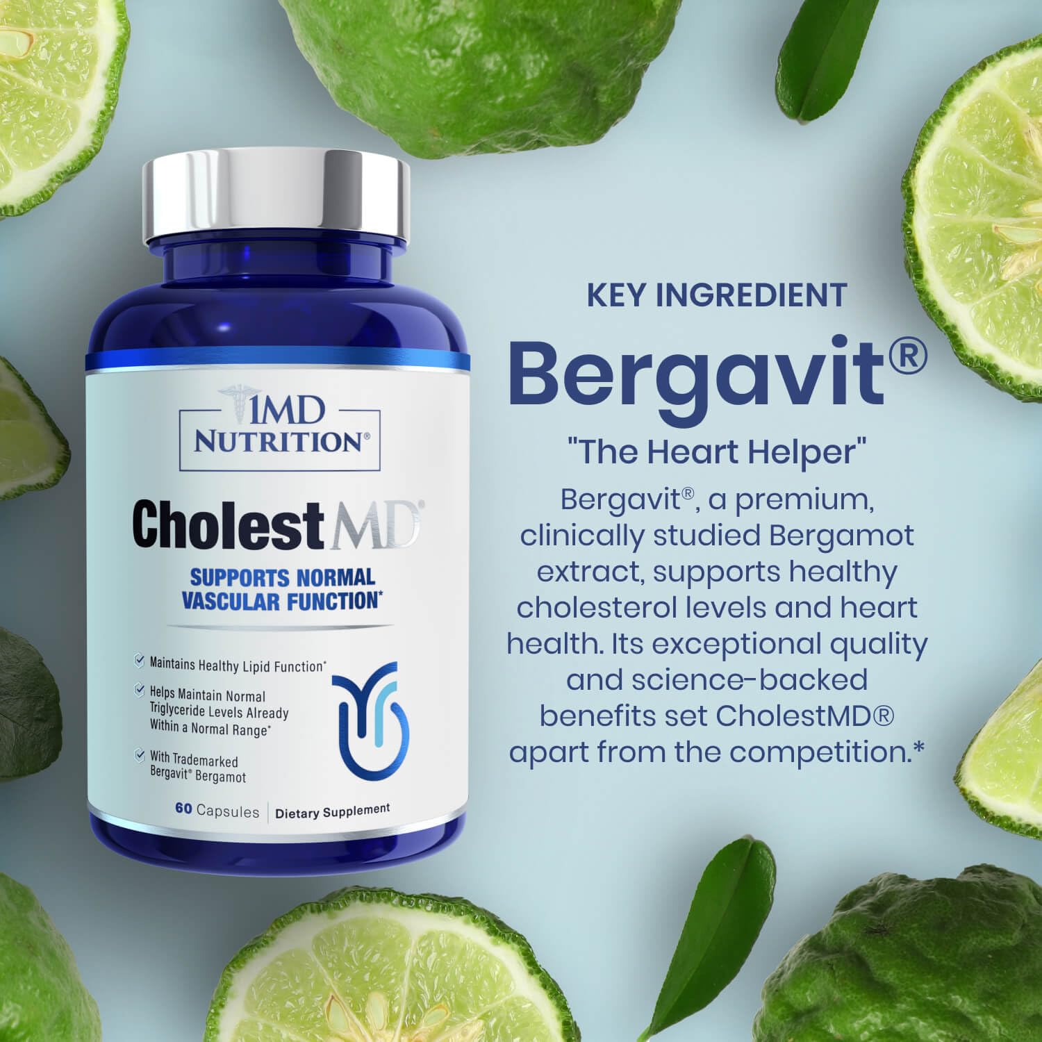 1MD Nutrition CholestMD bottle cap and label close view demonstrating premium packaging and dosing confidence